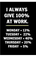 I Always Give 100% at Work - Funny Journals For Women Coworkers -: Remarkable Funny Journals For Women Coworkers To Write in For Women, Funny Journal For Coworkers - Stunning 110 Pages Blank Lined Journal For Cowork
