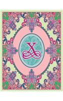 Journal Notebook Initial Letter "X" Monogram: Fun, Decorative Wide-Ruled Diary. Featuring a Unique Pink and Teal Design with Pistachio Green Background. Ovals frame wild flowers and a dark pink (24 Journal 8.5x11 Pink Teal Scroll Frame Wildflowers Initial Letter Monogram)
