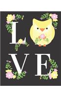 Cute Love Yellow Owl Pretty Pink Flowers Wide-lined Blank School Composition Notebook