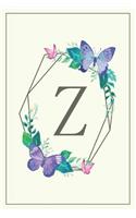 Z: Elegant Monogram Initial Blank Lined Journal Notebook for Women and Girls (Butterfly Frame)