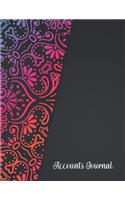 Accounts Journal: Account journal, space for keeping track of cash or check payments, features columns for description, reference, and debit or credit, mandala cover.