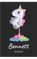 Bennett - Notebook: Blank Ruled Personalized & Customized Name Rainbow Farting Unicorn School Notebook Journal for Girls & Women. Funny Unicorn Desk Accessories for Kin