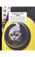 Composition Notebook: Grey Cat In A Bubble Photo Design 7.5 x 9.25 in - 110 Pages - Wide Ruled - Black Lined Paper Journal - Kids School, Writing, Cute Notebooks for Girl