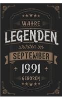 Wahre Legenden wurden im September 1991 geboren: Vintage Geburtstag Notizbuch - individuelles Geschenk für Notizen, Zeichnungen und Erinnerungen - liniert mit 100 Seiten