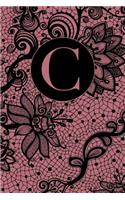 C: Letter C Journal, Black Flowered Lace on Rose Gold, Personalized Notebook Monogram Initial, 6 X 9