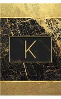 K: Personalized Monogram Initial K Notebook / Journal - College Ruled 6 x 9 - Monogrammed Black and Gold Marble Cover