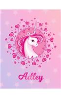 Adley: Unicorn Sheet Music Note Manuscript Notebook Paper - Magical Horse Personalized Letter A Initial Custom First Name Cover - Musician Composer Instrum