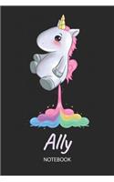 Ally - Notebook: Blank Ruled Personalized & Customized Name Rainbow Farting Unicorn School Notebook Journal for Girls & Women. Funny Unicorn Desk Accessories for Kin