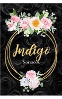 Indigo Notebook: Beautiful Black Rose and Gold Customized Girl's Name Notebook Blank Lined Journal Gift for Women