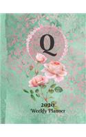 Plan On It Large Print 2020 Weekly Calendar Planner 15 Months Notebook Includes Address Phone Number Pages - Monogram Letter Q: January 2020 through March 2021: Green and Pink Damask Lace with Roses on Glossy Cover