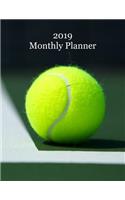 2019 Monthly Planner: Tennis Ball on Court Cover - Includes Major U.S. Holidays and Sporting Events