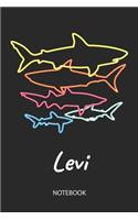 Levi - Notebook: Blank Lined Personalized & Customized Name 80s Neon Retro Shark Notebook Journal for Men & Boys. Funny Sharks Desk Accessories Item for 1st Grade / 