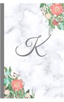 K: Letter K Monogram Floral Marble Journal, Pretty Pink Flowers on Elegant White & Grey Marble Notebook Cover, Stylish Gray Personal Name Initial, 6x9 