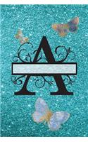 A - Journal & Notebook: Monogram Letter A, Journal, Notebook with Butterflies on Back and Pages - Blue Glitter Effect Cover