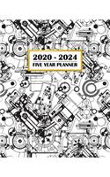 2020-2024 Five Year Planner: Engine Block Line Art - Perfect Gift for Auto Tuner Racer Gearhead Mechanic Car Lover - 60 Month Calendar and Log Book - Business Team Time Manageme