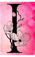 I: Initial Monogram Pink Watercolor Flower Notebook Floral College Rule Lined Writing and Notes Journal for Women and Teens