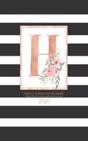 Weekly & Monthly Planner 2020 H: Black and White Stripes Rose Gold Monogram Letter H with Pink Flowers (7.5 x 9.25 in) Vertical at a glance Personalized Planner for Women Moms Girls