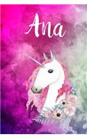 Ana: Cute Unicorn Notebook Writing Journal for Girls, Personalized With Name, Personalized Writing Journal, Notebook for Women and Girls, Personalized No