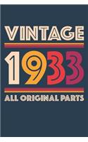 Vintage 1933 Notebook 'All Original Parts' - 86 Years Old Birthday Planner - Retro Journal for Women and Men - 86th Birthday Gift