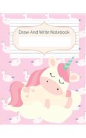 Draw And Write Notebook: Cute Pink Unicorn Story Paper Notebook For Kids, Story Space & Dotted Mid-Line Notebook, Black & White Blank Handwriting & Sketch Notebook For Prima