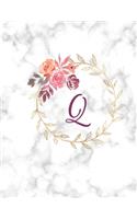 Q: Monogram Initial Q Notebook for Women, Girls and School, White Marble and Floral 8.5 x 11