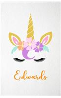 Edwards A5 Lined Notebook 110 Pages: Funny Blank Journal For Lovely Magical Unicorn Face Dream Family First Name Middle Last Surname. Unique Student Teacher Scrapbook/ Composition Great