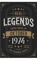 Real Legends were born in Oktober 1974: Vintage Birthday Notebook - Great Individual Gift for Writing Notes, Scribble and Reminders lined 6x9 Inch 100 Pages