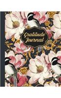 Gratitude Journal: Vintage Style Birds and Flowers on Gold Trim Black Background - 7.5" X 9.25" 100 Pages