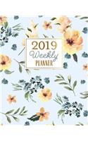 2019 Weekly Planner: Dusty Blue Watercolor Wildflowers Agenda Book Organizer
