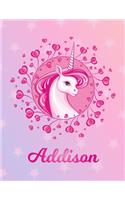 Addison: Unicorn Large Blank Primary Handwriting Learn to Write Practice Paper for Girls - Creative Pink Purple Magical Horse Personalized Letter A Initial C