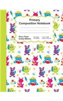 Primary Composition Notebook: Happy School Monsters - Story Space Dotted Mid Line:: Softcover Book - Home School, Boy Girl Student Teacher, Classroom:: 7.44" x 9.69" - 100 ruled 