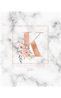 Weekly & Monthly Planner 2019: Rose Gold Monogram Letter K Marble with Pink Flowers (7.5 X 9.25") Vertical at a Glance Personalized Planner for Women Moms Girls and School