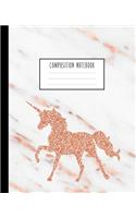Composition Notebook: Rose Gold Unicorn White Grey Marble and Rose Gold Wide Ruled Line Pages, Writing Notes Journal for Girls, Kids, School, Students and Teachers (7.5 x