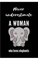 Never underestimate a woman who loves elephants: Blank Lined Notebook Journal & Planner - Funny Humor elephant Lover Notebook Gift