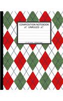 Unruled Composition Notebook 8" x 10". 120 Pages. Red Green White Argyle Pattern