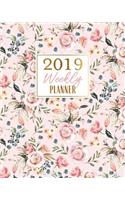 2019 Weekly Planner: Blush Pink Watercolor Rose Floral Agenda Book Organizer