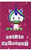 Olivia Notebook: Cute sparkly unicorn gifts for girls On Pink Glitter Effect Background: Lined Journal Notebook for Women & Girls / 110 pages, Soft Cover, Matte Fini