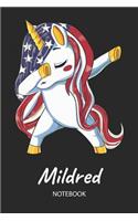 Mildred - Notebook: Blank Ruled Name Personalized & Customized Patriotic USA Flag Hair Dabbing Unicorn School Notebook Journal for Girls & Women. Funny Unicorn Desk Acc