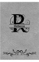 Split Letter Personalized Journal - Rebecca: Elegant Flourish Capital Letter on Medium Grey Leather Look Background
