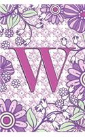 W: 6 x 9 Personalized Monogram Initial W Matte Paperback Notebook Journal Diary 120 Pages (60 sheets) Wide-Ruled Blank Lined For Girls And Women