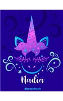Nadia Sketchbook: Pink Unicorn Personalized First Name Sketch Book for Drawing, Sketching, Journaling, Doodling and Making Notes. Cute and Trendy, Fun and Fantasy Blu