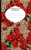 Composition Notebook: red tattoo roses on leopard, rockabilly wide ruled 75 page mini notebook 5" x 8"