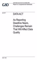 DATA Act, as reporting deadline nears, challenges remain that will affect data quality: report to congressional addressees.