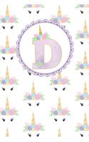 Unicorn Monogram Journal - Letter D: Orchid Letter with a Unicorn Horn and Flowers Accent on a Unicorn Face Background