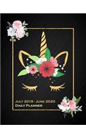 July 2019 - June 2020 Daily Planner: Cute Sparkly Gold Floral Unicorn Black Daily Planner Mid Year 2019 to 2020 Planner, Daily Calendar To-Do List Journal.