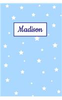 Madison: Personalized Name Journal. Wide Ruled (Lined) Writing Diary, Composition Book. Baby Blue Star Cover for Girls, Kids and Teens