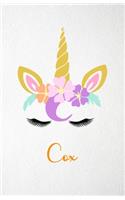 Cox A5 Lined Notebook 110 Pages: Funny Blank Journal For Lovely Magical Unicorn Face Dream Family First Name Middle Last Surname. Unique Student Teacher Scrapbook/ Composition Great