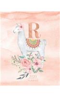 2020 Planner R: Llama Rose Gold Monogram Letter R with Pink Flowers (7.5 x 9.25 in) Horizontal at a glance Personalized Planner for Women Moms Girls and School