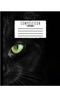 Composition Notebook: Black Cat Green Eyes Photo Design 7.5 x 9.25 in - 110 Pages - Wide Ruled - Black Lined Paper Journal - Kids School, Writing, Cute Notebooks for Girl