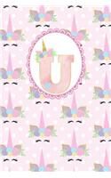 Unicorn Monogram Journal - Letter U: Pink Letter with a Unicorn Horn and Flowers Accent on a Sleepy Unicorn Face Background